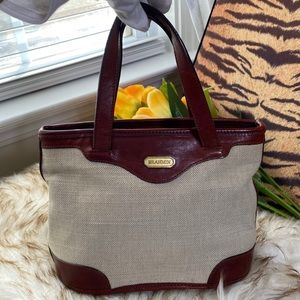 Brahmin vintage mini tan canvas handbag with brown leather trim